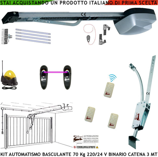 Kit Motore 220/24 V da Soffitto x Cler Porta Basculante 70 Kg Automatica Archetto Fotocellule 3 Radiocomandi Faro Antenna Binario Alluminio Catena Acciaio 3 Metri Sblocco Sul Pattino Luce di Cortesia