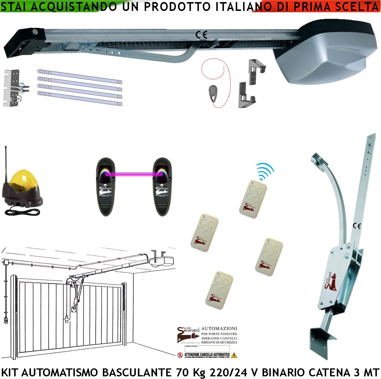 Kit Motore 220/24 V da Soffitto x Cler Porta Basculante 70 Kg Automatica Archetto Fotocellule 4 Radiocomandi Faro Antenna Binario Alluminio Catena Acciaio 3 Metri Sblocco Sul Pattino Luce di Cortesia
