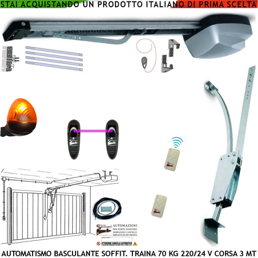 KIT AUTOMATISMO PER PORTA BASCULANTE 70 KG 220/24 V ARCHETTO 2 RADIOCOMANDI FOTOCELLULE FARO 24 LED SBLOCCO A MANIGLIA