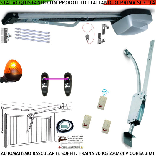 KIT AUTOMATISMO PER PORTA BASCULANTE 70 KG 220/24 V ARCHETTO 3 RADIOCOMANDI FOTOCELLULE FARO 24 LED SBLOCCO A MANIGLIA