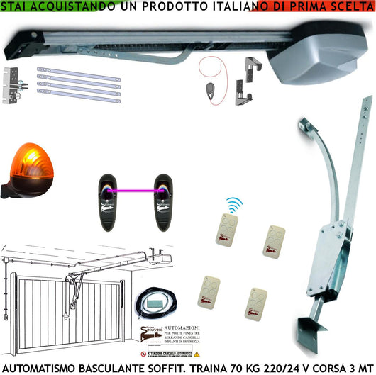 KIT AUTOMATISMO PER PORTA BASCULANTE 70 KG 220/24 V ARCHETTO 4 RADIOCOMANDI FOTOCELLULE FARO 24 LED SBLOCCO A MANIGLIA