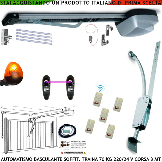 KIT AUTOMATISMO PER PORTA BASCULANTE 70 KG 220/24 V ARCHETTO 5 RADIOCOMANDI FOTOCELLULE FARO 24 LED SBLOCCO A MANIGLIA