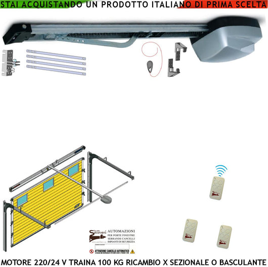 PORTA SEZIONALE KIT AUTOMATISMO ELETTRICO 220/24 V AUTOREVERSE TRAINA 100 KG 3 RADIOCOMANDI SBLOCCO INTERNO SUL CARRELLO
