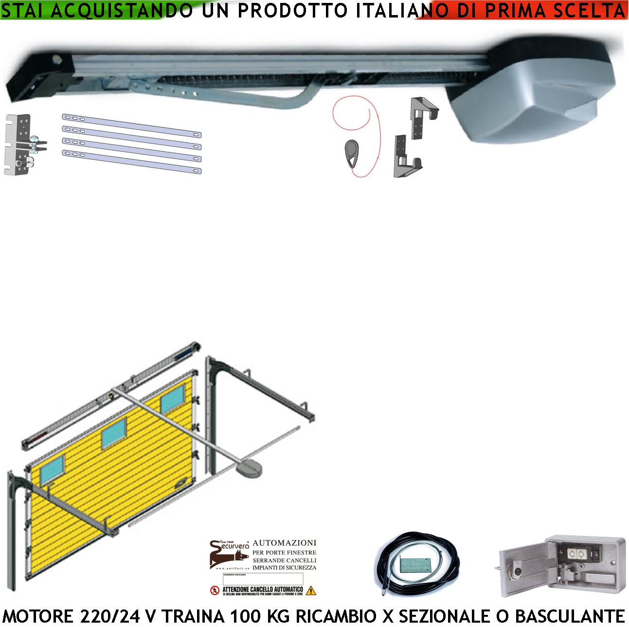 KIT AUTOMATISMO AUTOREVERSE PER PORTA SEZIONALE 100 KG 220/24 V KIT BLINDINO SBLOCCO DI EMERGENZA ESTERNO PULSANTE