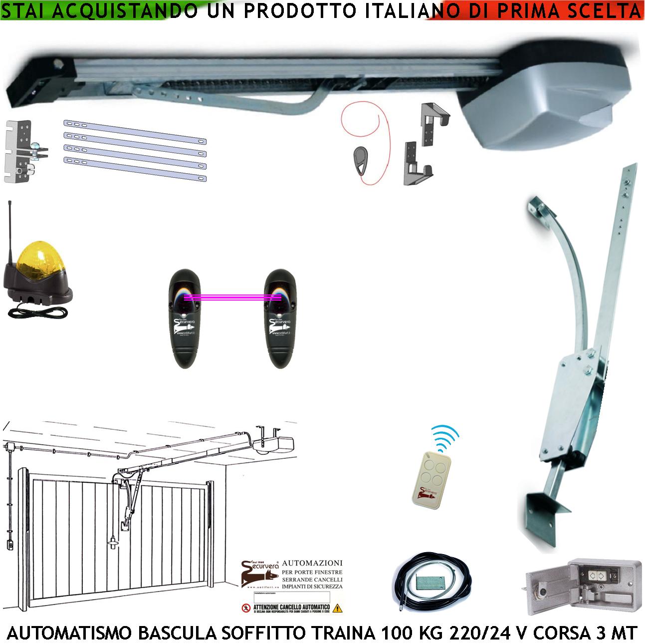 BASCULANTE 100 KG MOTORE 220/24 V SOFFITTO RADIOCOMANDO ARCHETTO OSCILLANTE BLINDINO SBLOCCO FOTOCELLULA FARO ANTENNA