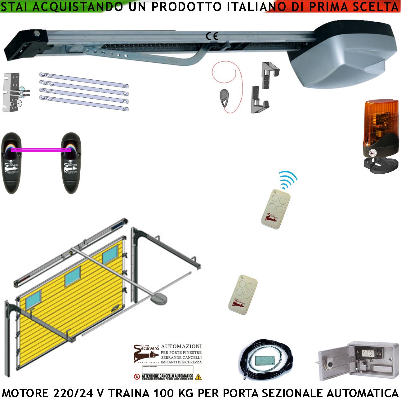Automatismo Per Porta Sezionale Motore 220/24 V Traina 100 Kg 2 Radiocomandi Fotocellula Faro a 12 Led Blindino Cordino di Sblocco Binario 3 Metri Con Staffe Catena Tendicatena Pattino Autobloccante