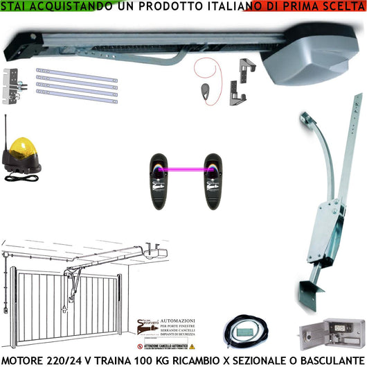 BASCULANTE KIT AUTOMATISMO SOFFITTO MOTORE 220/24 V 100 KG FOTOCELLULE FARO ANTENNA BLINDINO SBLOCCO ARCHETTO OSCILLANTE