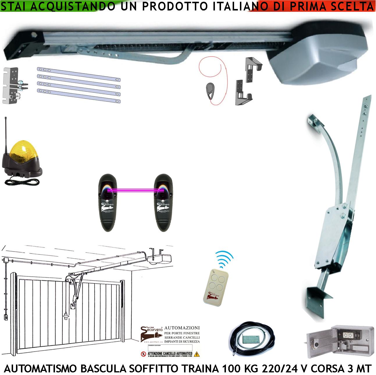 KIT AUTOMATISMO AUTOREVERSE PORTE BASCULANTI 220-24 V TRAINA 100 KG RADIOCOMANDO FOTOCELLULE ARCHETTO BLINDINO SBLOCCO