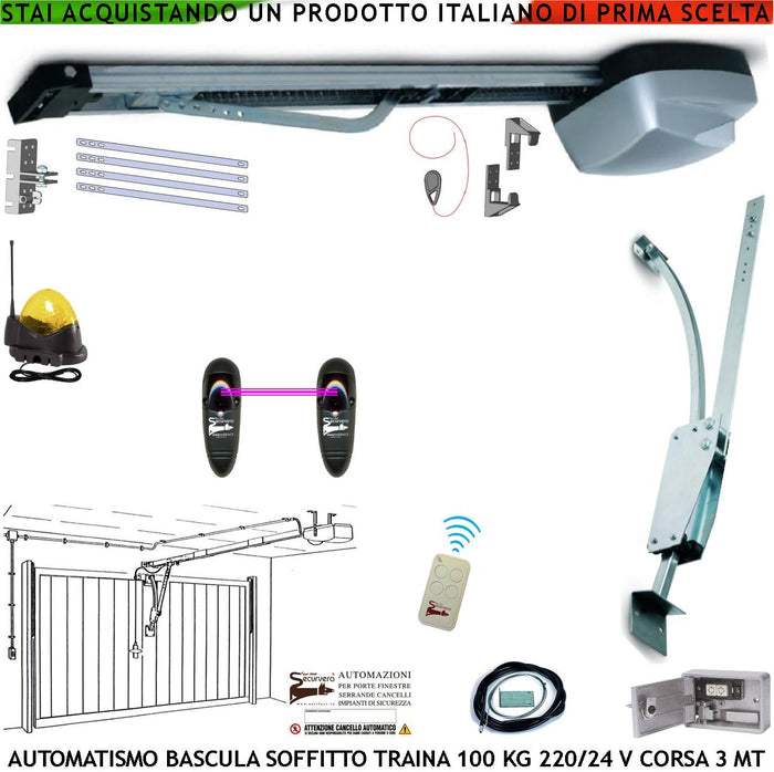 KIT AUTOMATISMO AUTOREVERSE PORTE BASCULANTI 220-24 V TRAINA 100 KG RADIOCOMANDO FOTOCELLULE ARCHETTO BLINDINO SBLOCCO