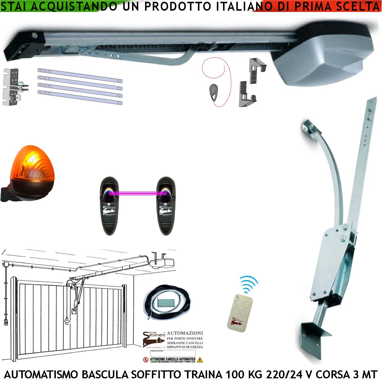 AUTOMAZIONE PORTA BASCULANTI 220/24 V TRAINA 100 KG AUTOREVERSE RADIOCOMANDO ARCHETTO FOTOCELLULE FARO 24 LED A PARETE