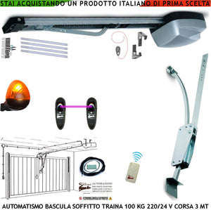 AUTOMAZIONE PORTA BASCULANTI 220/24 V TRAINA 100 KG AUTOREVERSE RADIOCOMANDO ARCHETTO FOTOCELLULE FARO 24 LED A PARETE