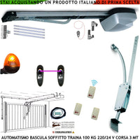AUTOMAZIONE PORTA BASCULANTI 220/24 V TRAINA 100 KG AUTOREVERSE 3 RADIOCOMANDI ARCHETTO FOTOCELLULE FARO 24 LED A PARETE
