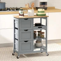 Carrello da cucina su ruote con piano in legno, 3 cassetti e piano rimovibile, 67x37x85,5 cm, Grigio