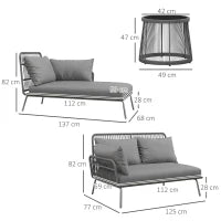 Set da Giardino in Rattan PE Stile Boho, Divano 2 Posti con Chaise Longue e Tavolino, Grigio Chiaro