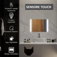 Specchio Bagno con Luce LED a 3 Temperature, Interruttore Touch e Antiappannamento, 70x50cm