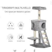 Tiragraffi Multilivello Palestra per Gatti con Cuccia, Scala e Corde in Sisal, Grigio Chiaro, 50x40x120cm