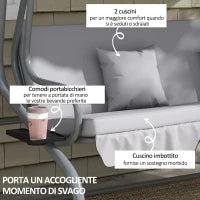 Dondolo Letto da Giardino con Tettuccio Regolabile e Vassoi, in Acciaio e Poliestere, 200x120x164 cm, Grigio