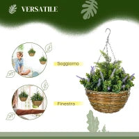 Set 2 Piante Finte di Lavanda con Vaso e Gancio, in PE e Vimini, Ø25x34 cm, Verde e Viola