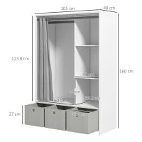 Armadio Guardaroba con Barra Appendiabiti, 3 Cassetti in Tessuto e 3 Ripiani, 105x48x160 cm, Bianco e Grigio
