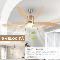 Ventilatore da Soffitto con Luce LED Bianca a 6 Velocità e Timer, in Metallo e Acrilico, Ø132 x 43A cm