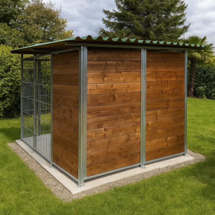 Box per cani coperto e retro in legno zincato con portaciotole da 200x300xaltezza 180 cm