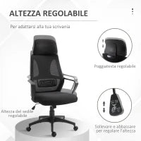 Sedia da Ufficio Reclinabile con Poggiatesta e Supporto Lombare, in Poliestere, 64x55x116-126 cm, Nero