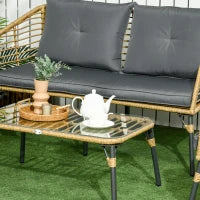 Set da Giardino 4 Pezzi in Rattan PE e Acciaio con 2 Sedie, Divano 2 Posti e Tavolino, Marrone Nero e Grigio