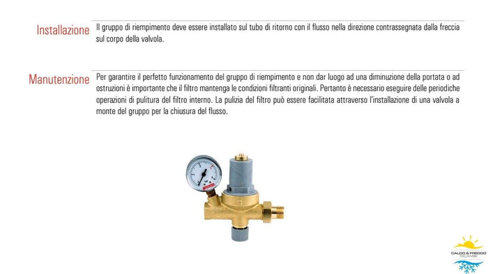 Gruppo di riempimento da 1/2" con portamanometro e funzione di controllo, regolazione e ripristino automatico della pressione negli impianti a circuito chiuso