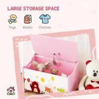 Baule Portagiochi per Bambini con Cerniere di Sicurezza in Legno con Disegni di Animali, 60x37x39 cm, Rosa