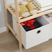 Appendiabiti in Legno Naturale con 4 Ganci, 3 Mensole e 2 Cassetti in Tessuto, 58x36x168cm