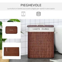 Cesto per Biancheria Bambù da 100L con 2 Scomparti, Coperchio e Maniglie, 52x32x63cm