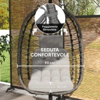 Sedia Sospesa in Rattan a Uovo con Cuscino e Poggiatesta, Altezza Regolabile e Seduta Richiudibile, Grigio