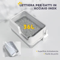 Lettiera per Gatti con Bordi Rialzati, Vassoio e Paletta, in Acciaio Inox e PP, 60x40x28 cm, Grigio Chiaro