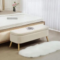 Panca Contenitore da 65L in Tessuto Teddy e Gambe in Legno, 120x42x45 cm, Beige