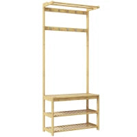 Mobile Appendiabiti 3 in 1 in Bambù con 10 Ganci, 2 Aste e Panca Scarpiera, 70x31x170 cm, Marrone