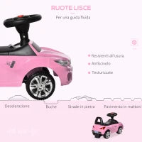 Macchinina per Bambini Cavalcabile con Volante, Fari e Musiche Integrate, Macchina per Bambini in PP e Metallo, 63.5x28x36 cm, Rosa