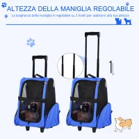 Trasportino Zaino 2 in 1 per Cani e Gatti con Tasche Laterali, Maniglia Telescopica e Ruote, 42x25x55cm, Azzurro