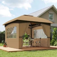Gazebo da Giardino 3.4x3.4m con Pareti, Protezione UV e Tetto a 2 Livelli, Beige