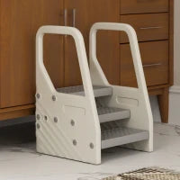 Sgabello per Bambini 2-5 Anni a 3 Gradini in HDPE, 43x42x65.5 cm, Grigio e Bianco Crema