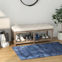 Panca per Scarpe Imbottita con 2 Ripiani, 115 cm, Panca Fondo Letto, Rivestimento in Lino, Piedini in Legno Intagliato, Beige