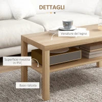 Tavolino da Salotto Rettangolare con Ampio Ripiano, 90×45×44.5 cm, Legno Naturale