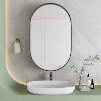 Armadio a specchio ovale da parete, armadietto con specchio e spazio interno per bagno, soggiorno e camera da letto, 85x51,5x12 cm, Nero