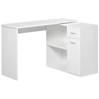 Scrivania Angolare con Libreria Scaffale in Legno Bianco, Tavolo da Pranzo con Rotazione a 360°, 173x39.8x74 cm