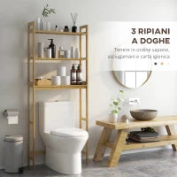 kleankin Mobile Sopra WC Salvaspazio a 3 Ripiani Aperti a Doghe, in Bambù, 68x20x165 cm, color Bambù