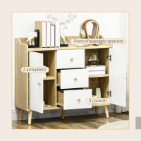 Credenza Moderna in Truciolato e Legno di Pino con 3 Cassetti e 2 Armadietti a 2 Livelli, 90x32x80A cm
