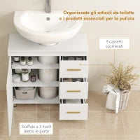 Mobile Sottolavabo con Intaglio a U, Armadietto e 3 Cassetti, Chiusura Ammortizzata, 70x30x65 cm, Bianco
