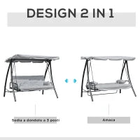 Dondolo da Giardino 3 Posti con Tetto Reclinabile Trasformabile Letto in Poliestere Crema 209cm x 114cm x 170cm