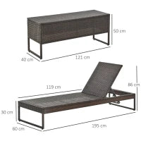 3pz Componibile 2 Lettino Prendisole da Giardino (60 x 195 x 86cm) e 1 Tavolino (121 x 40 x 50cm) Rattan con Materassini, Marrone e Bianco Crema
