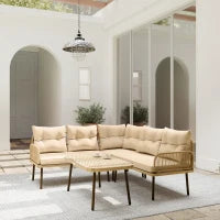 Salotto da Giardino in Rattan 2 Divanetti e Poltrona Angolare con Cuscini, Tavolino in Vetro, Colore Legno