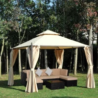 Gazebo da Giardino 3 x 3m con 4 Tende Laterali e Doppio Tetto Beige